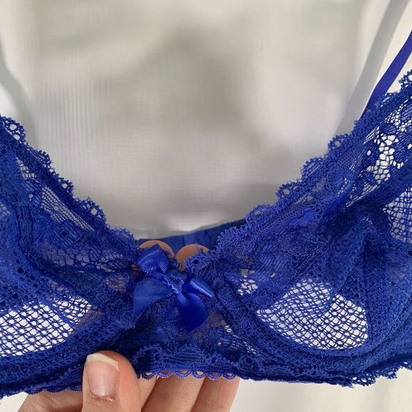Savage X Bralette Women's Blue Lace Sheer Hook Eye Underwired - Picture 3 of 7